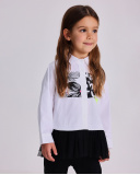 Camisa menina em branco com saia de tule preta e estampa