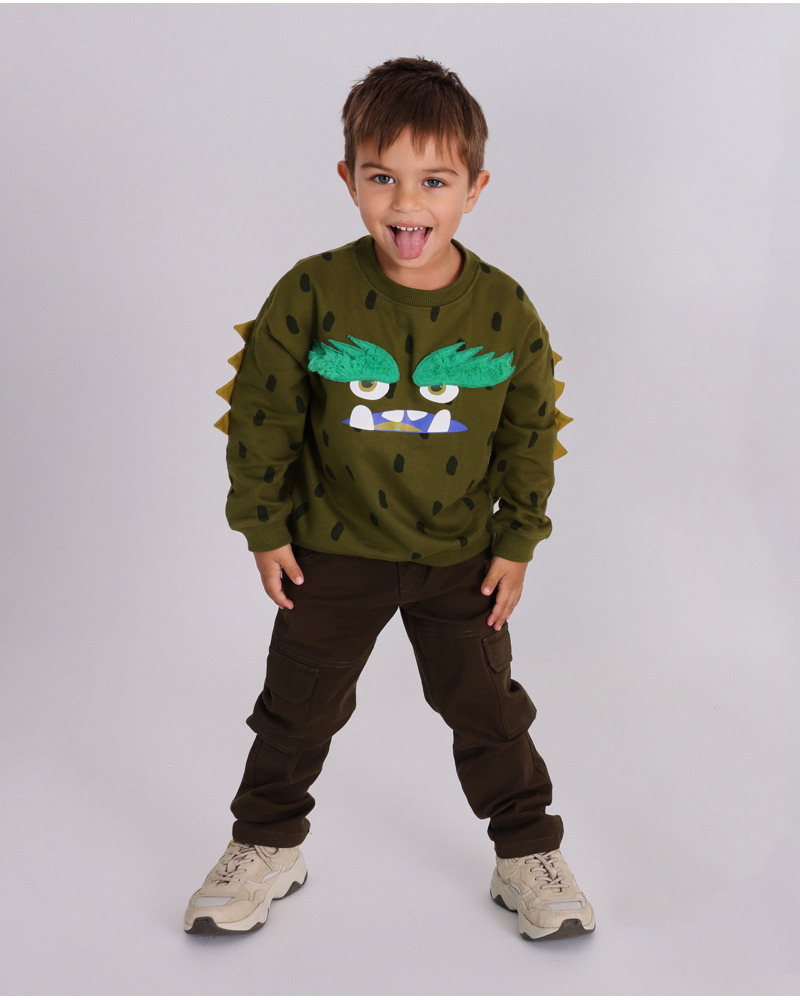 Moletom infantil verde com estampa de monstro e detalhes em