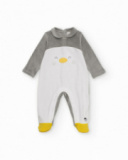 Macacão de recém-nascido de veludo cinza com design de pinguim