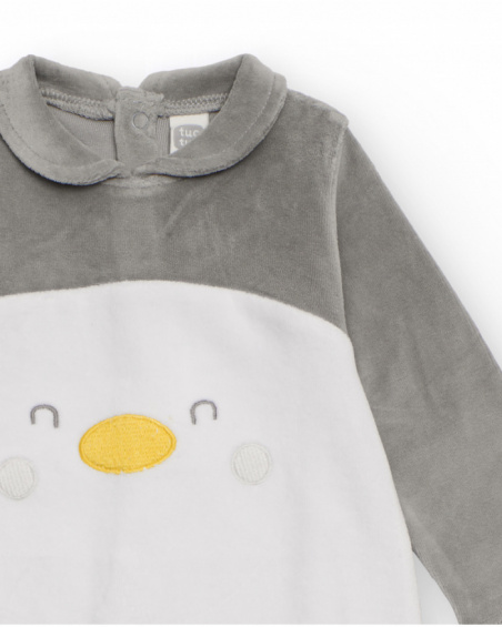 Macacão de recém-nascido de veludo cinza com design de pinguim