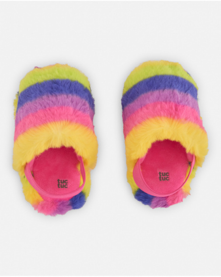 Pantufas de menina multicoloridas com pelo macio