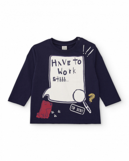 Camiseta de manga comprida de menino azul-marinho com estampa