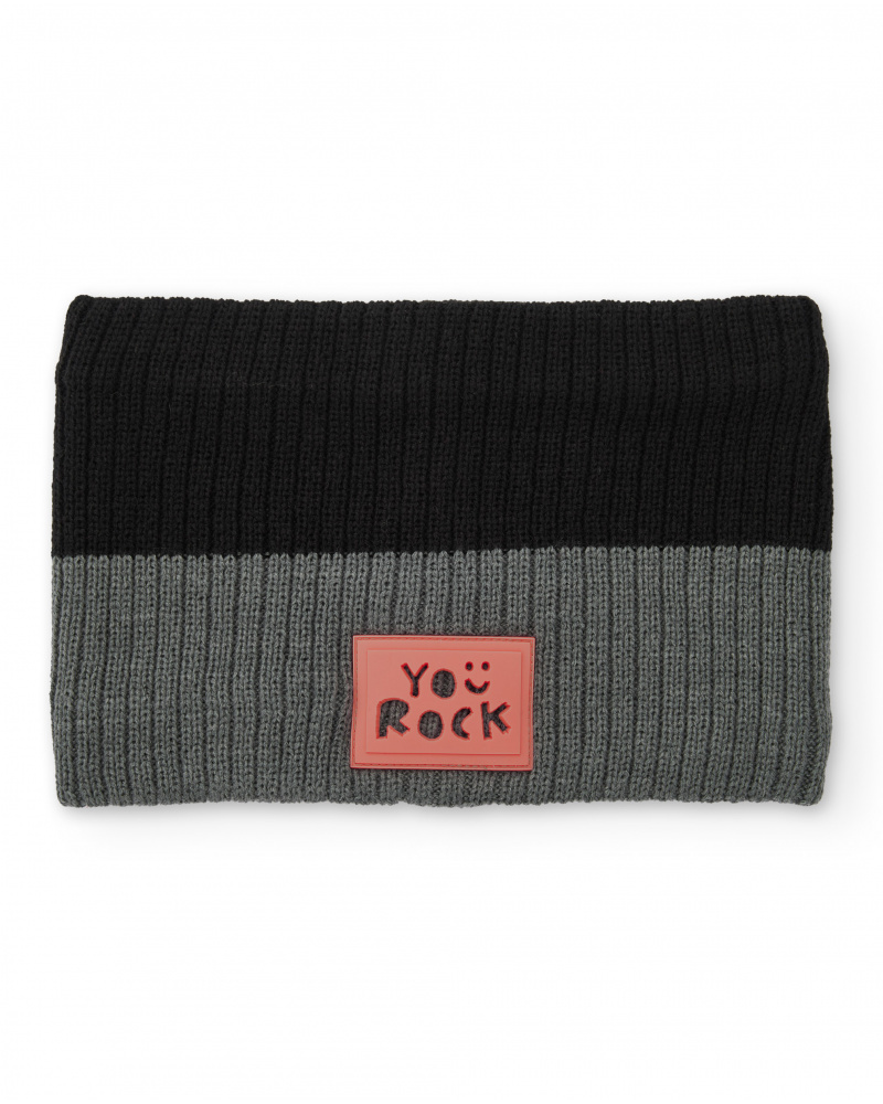 Gola de tricô de menino em preto e cinza com detalhe decorativo
