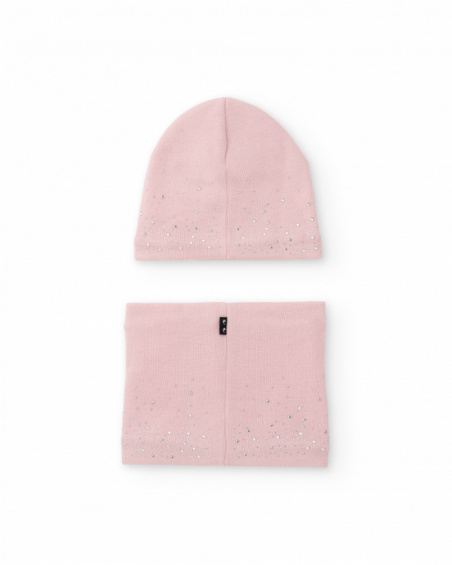 Conjunto de menina com gorro rosa e gola com detalhes em strass