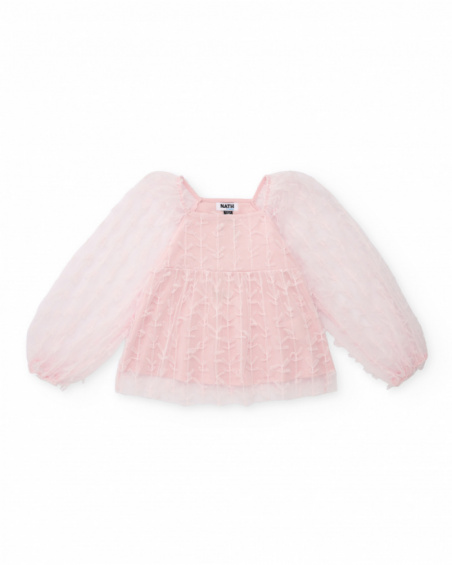 Blusa de menina em tule rosa com mangas abalonadas