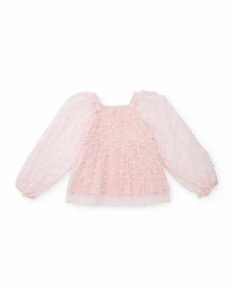 Blusa de menina em tule rosa com mangas abalonadas