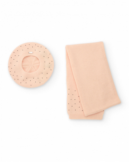 Conjunto de menina com boina e cachecol rosa com bolinhas