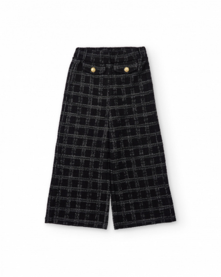 Calças de menina em tweed preto com quadros cinzentos