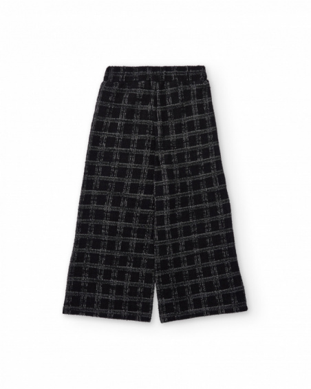 Calças de menina em tweed preto com quadros cinzentos