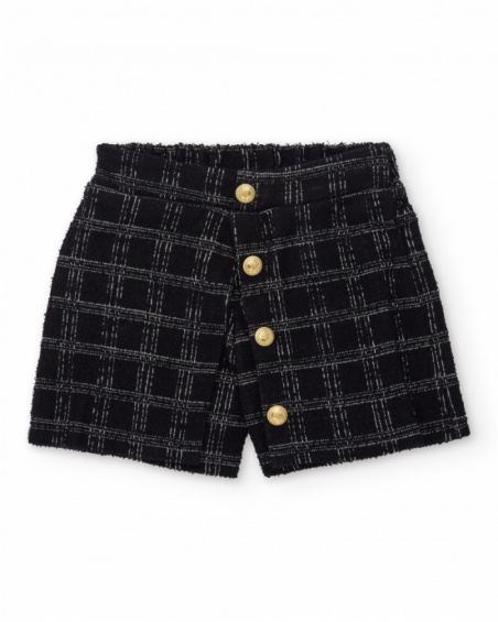 Calções de menina em tweed preto com quadros e botões dourados