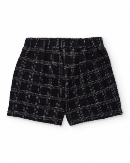 Calções de menina em tweed preto com quadros e botões dourados