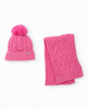 Conjunto de menina gorro e cachecol rosa de malha trançada com