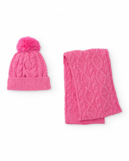 Conjunto de menina gorro e cachecol rosa de malha trançada com