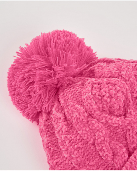 Conjunto de menina gorro e cachecol rosa de malha trançada com