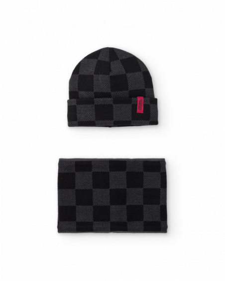 Conjunto de gorro e gola em malha com padrão xadrez preto e