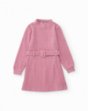 Vestido de malha para menina em rosa com cinto