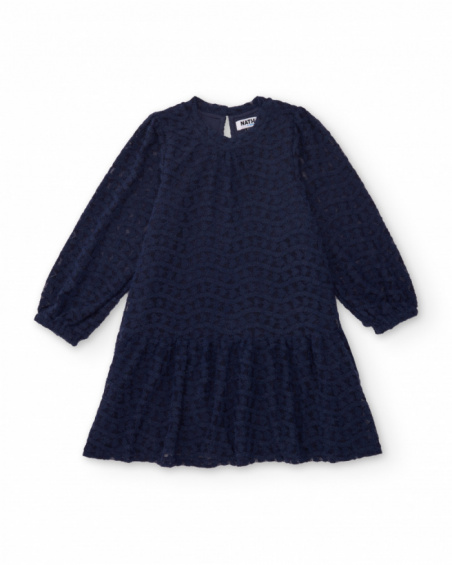 Vestido para menina em azul-marinho com renda e manga comprida