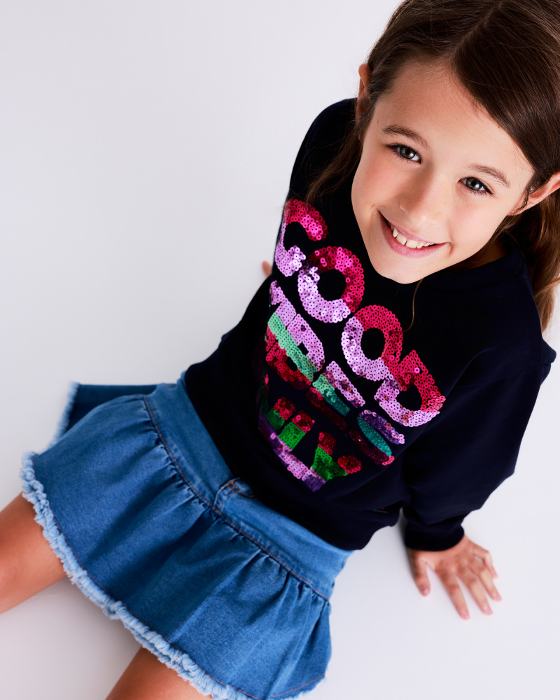 Saia jeans com babado para menina