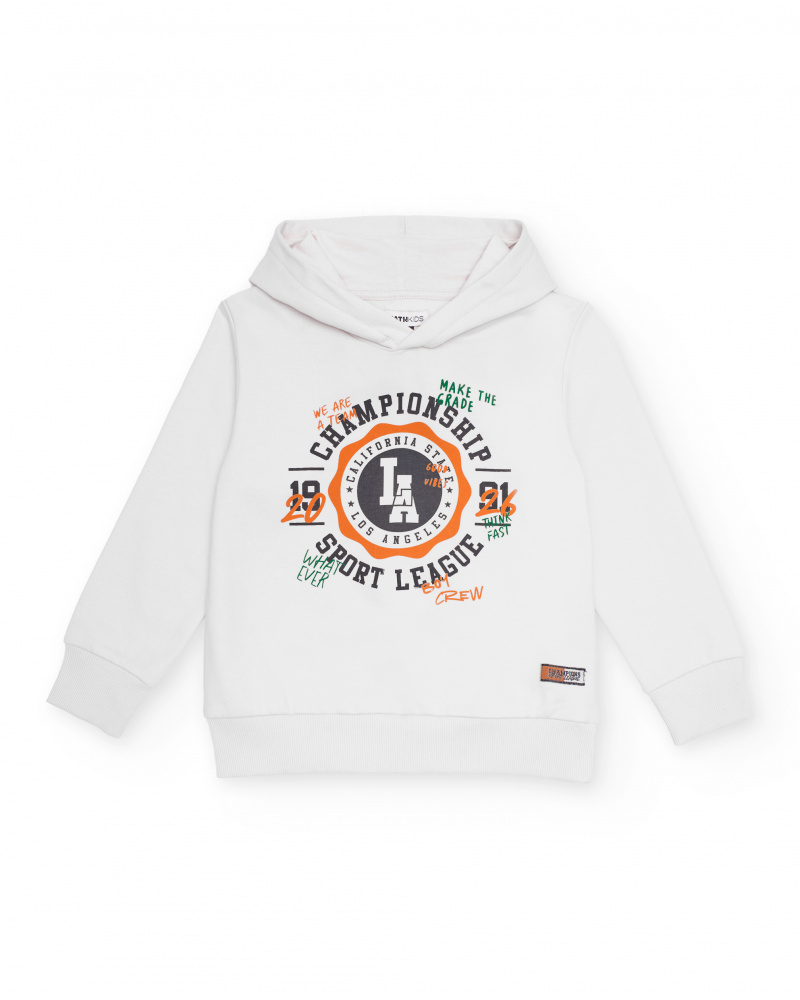 Moletom branco com capuz e estampa esportiva para menino