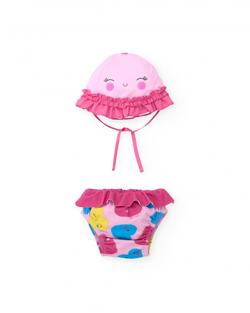 Fato de banho para recém-nascido em tecido com folho decorativo