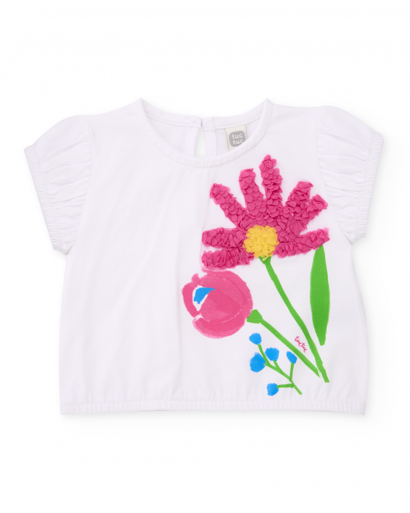 T-shirt de menina em malha com flor em relevo