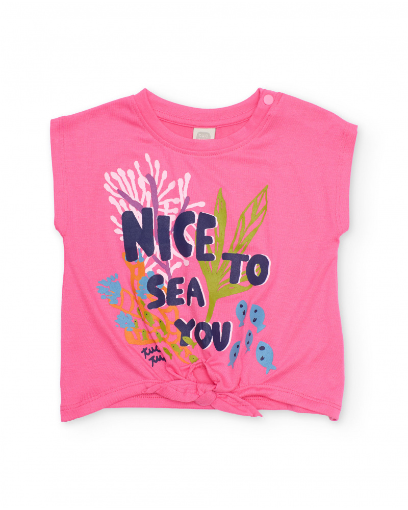 T-shirt de menina em malha com nó na bainha