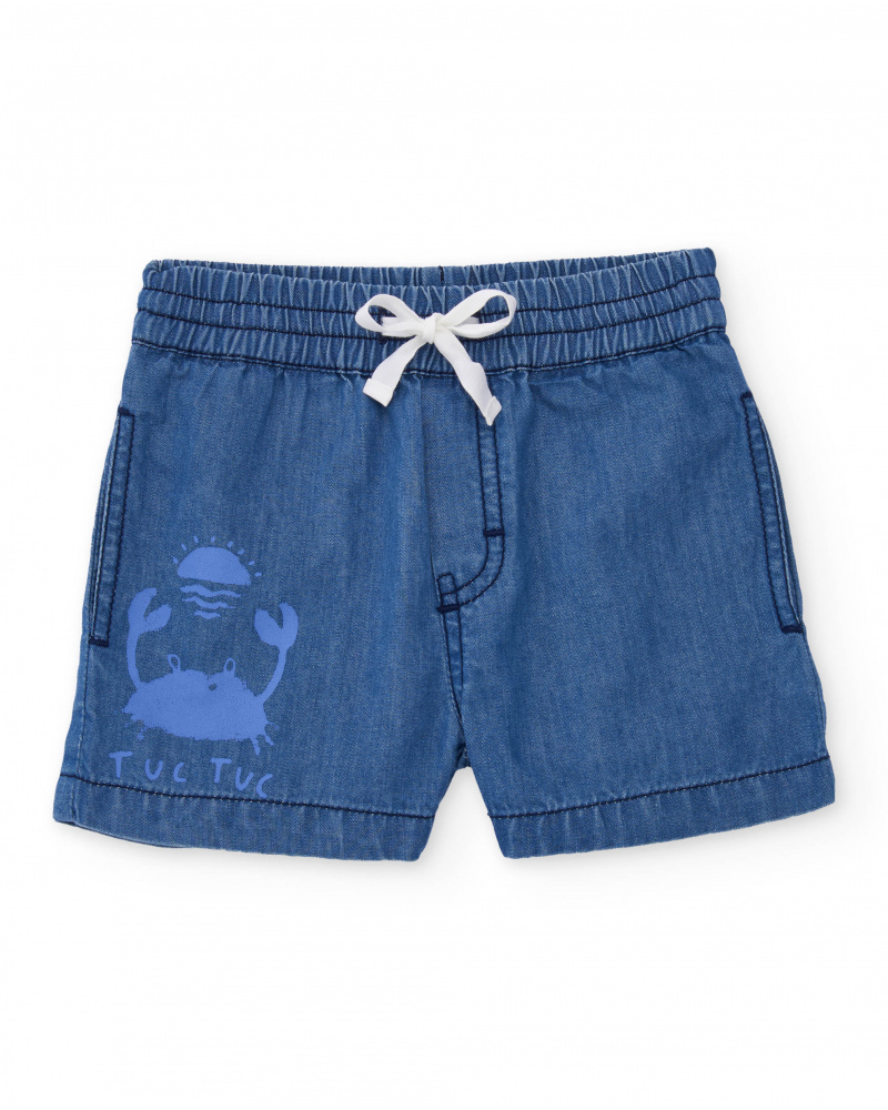 Bermuda de menino em tecido plano e tecido denim