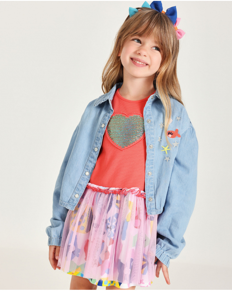 Camisa de menina em tecido plano e ganga leve