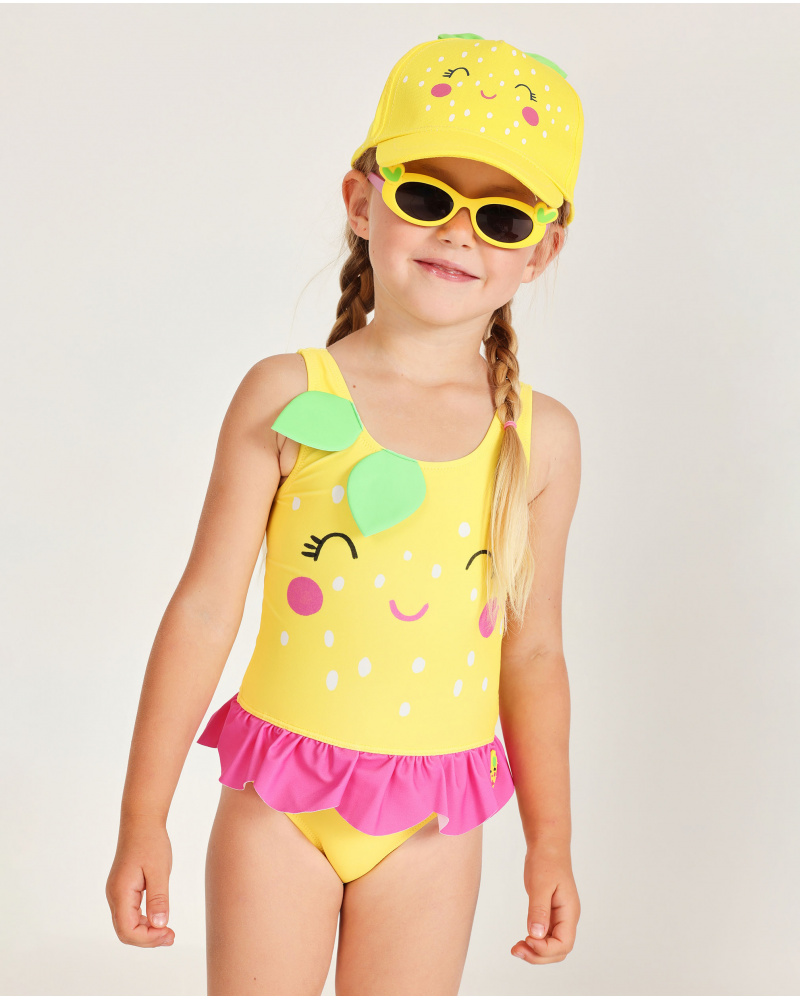 Fato de banho de menina em malha com folhas em relevo