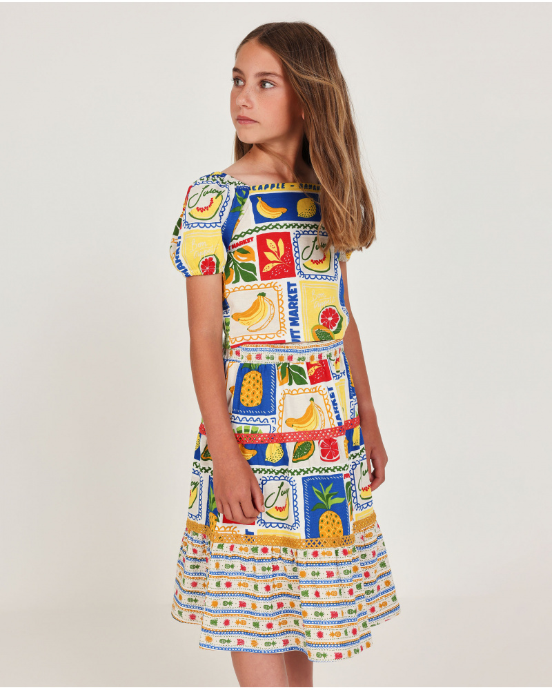 Saia de menina em malha com fitas decorativas