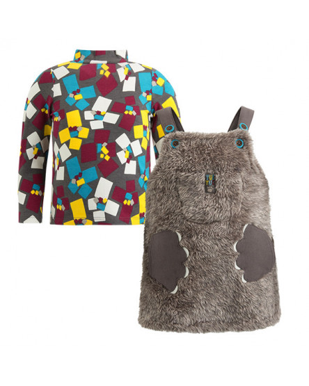 CONJUNTO DE PICHI FELPUDO COM BOLSO E T-SHIRT DE MALHA MENINA CINZA ARTIC BEARS