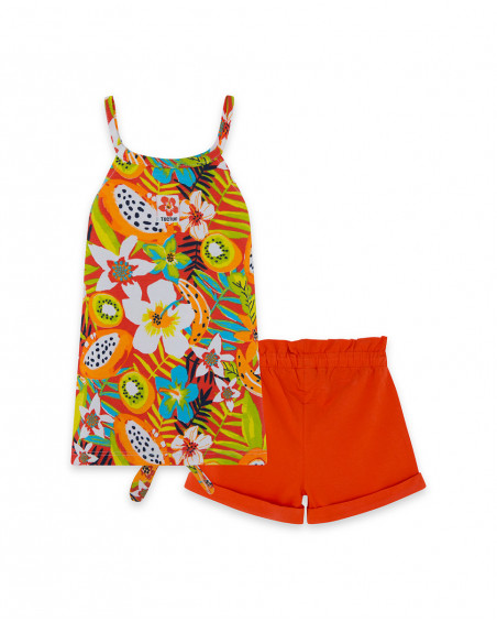 Conjunto de camisola alças laranja estampada e shorts jersey