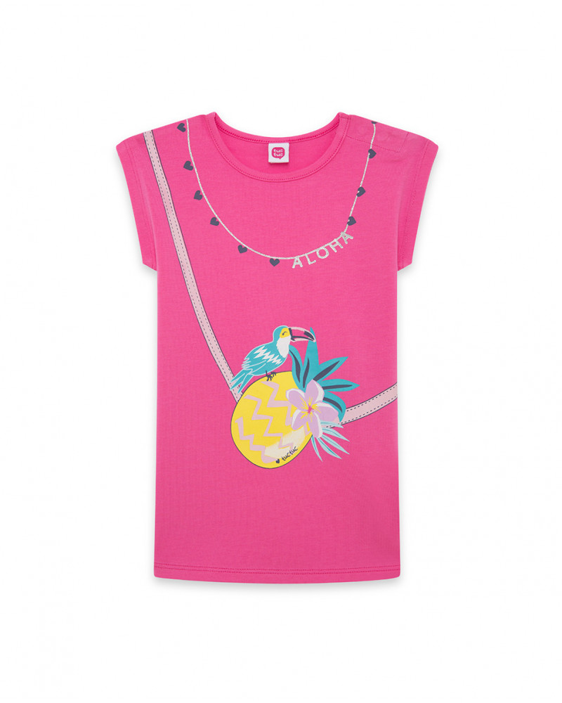 Vestido de manga curta fúcsia estampado bolso menina