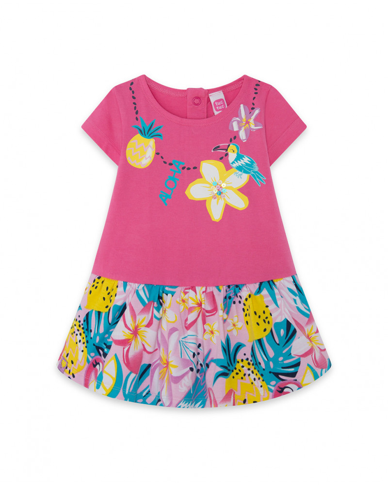 Vestido jersey e tule de manga curta rosa folhos menina