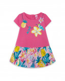 Vestido jersey e tule de manga curta rosa folhos menina