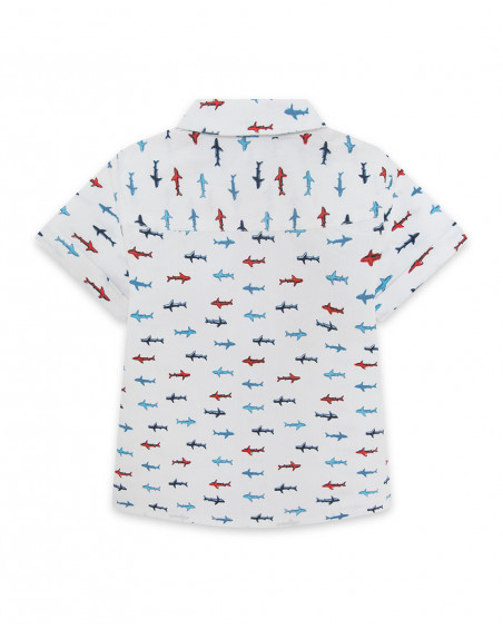 Camisa de popelina manga curta branca estampada tubarões menino