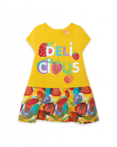 Vestido de manga curta amarelo estampado frutas multicolor