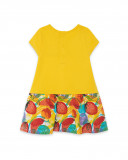 Vestido de manga curta amarelo estampado frutas multicolor