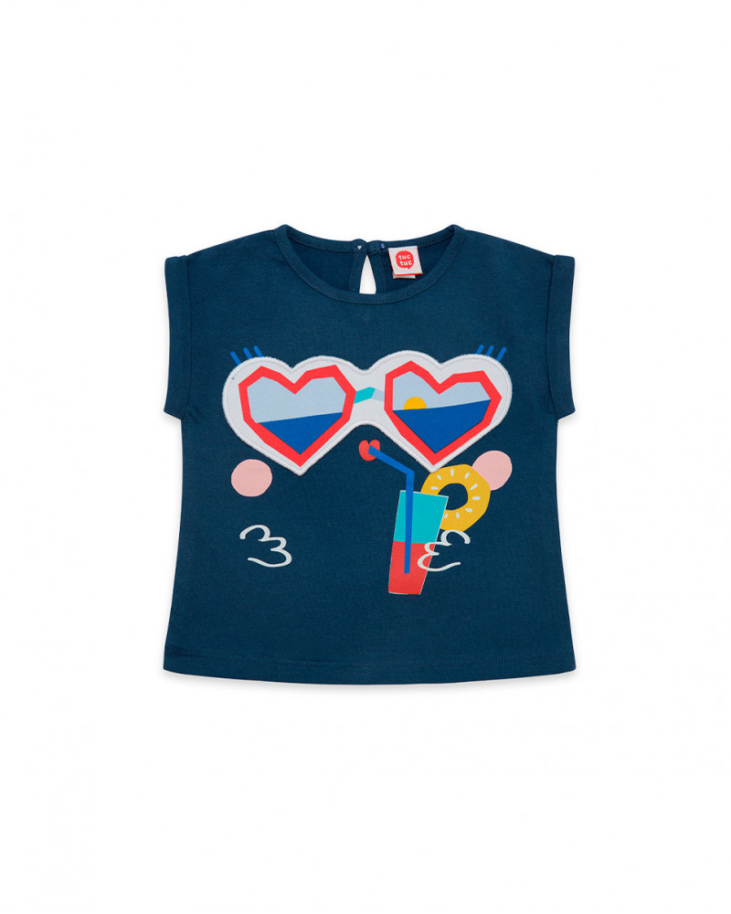 Camisola de manga curta azul-marinho óculos menina