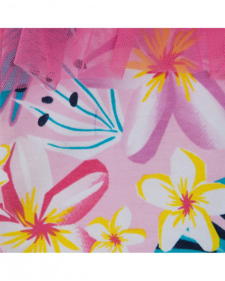 Leggings corsário de tule folhos rosa estampado flores tropical