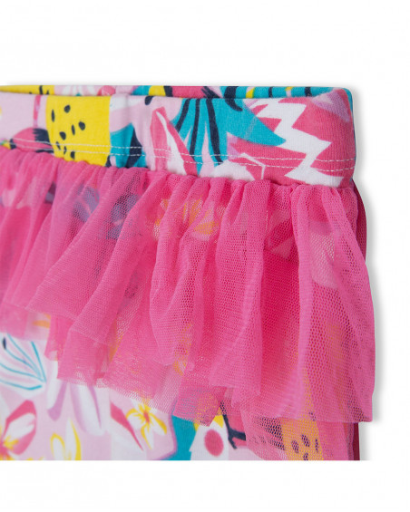 Leggings corsário de tule folhos rosa estampado flores tropical