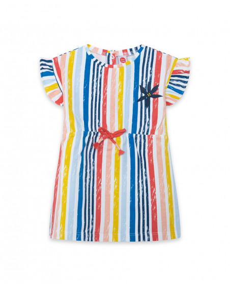 Vestido jersey de manga curta às riscas multicolor menina