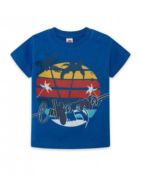 Camisola de manga curta azul com desenho de praia menino