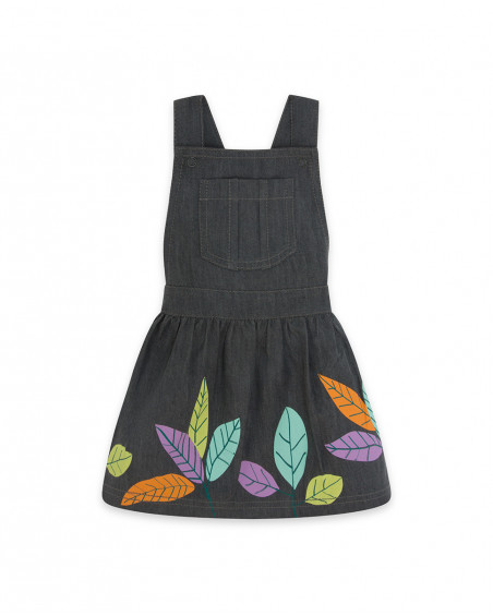 Saia-jardineira cinzento denim folhas menina