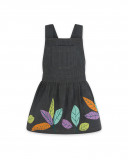 Saia-jardineira cinzento denim folhas menina