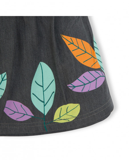 Saia-jardineira cinzento denim folhas menina