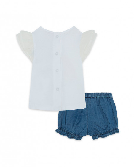 Conjunto de camisola de manga curta branca e shorts denim azul