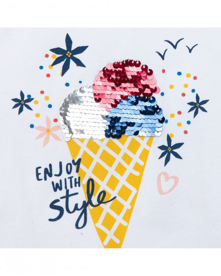 Vestido jersey e tule de manga curta branco e riscas e