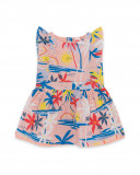 Vestido de popelina sem mangas folhos rosa estampado praia