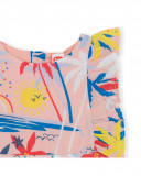 Vestido de popelina sem mangas folhos rosa estampado praia